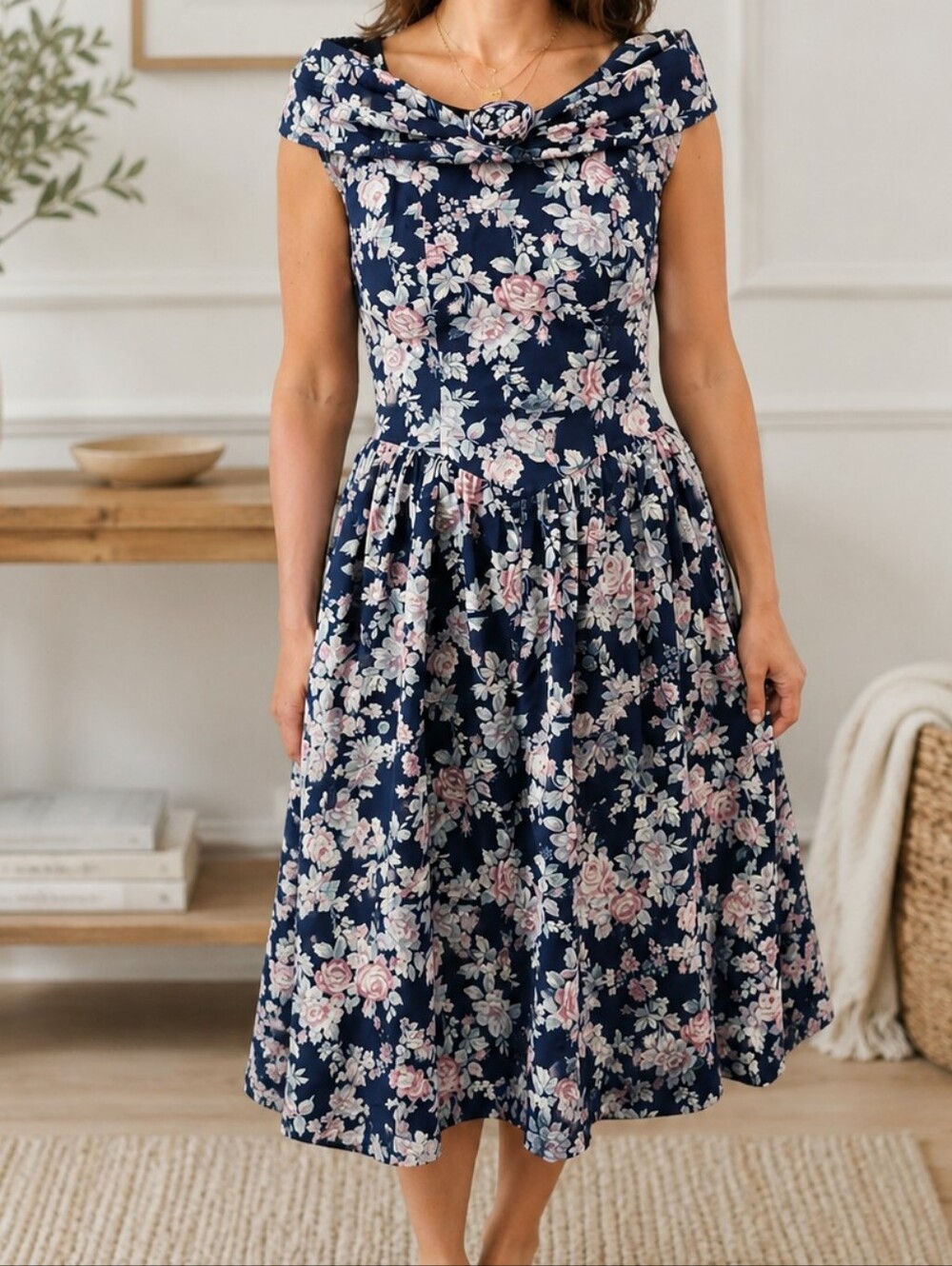 Vintage All That Jazz Floral Cotton Dress XS/S Navy Pink Rose Off Shoulder USA